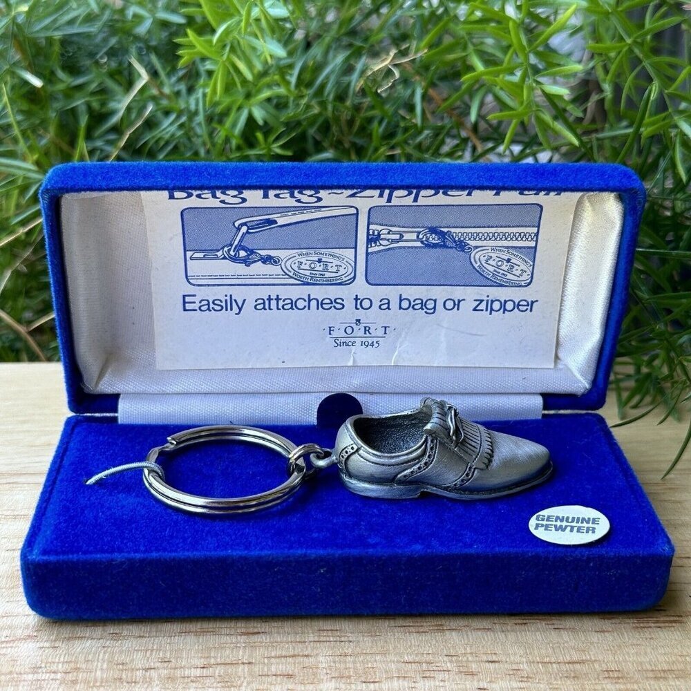 VTG 1980s Fort Golf Shoe‎ Charm 3 Inch Key Ring Sports Solid Pewter Metal New